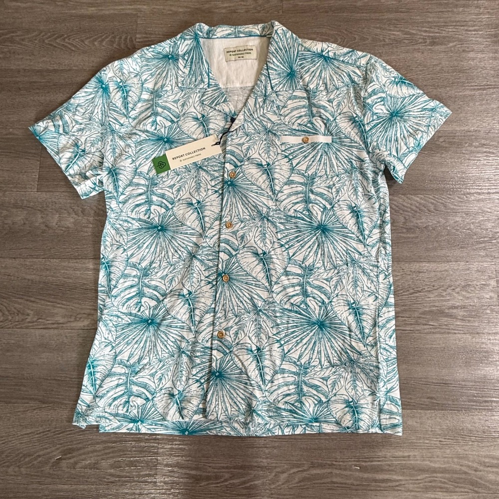 Report Collection Mens Tropical Palm Print Cotton Camp Shirt Blue 386068R Medium